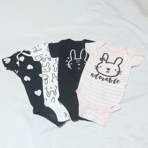 Gerber Bunny Pink, Black, White Onesies Lot of 4 Pack, 3-6 Months